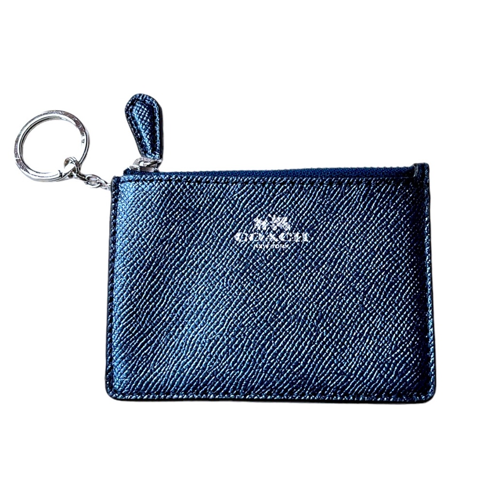 Coach Signature Credit Card Wallet Change Purse Keychain Metallic Blue